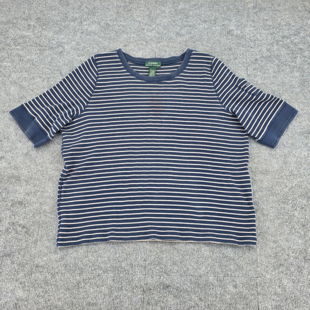 Lauren Ralph Lauren Striped Ribbed Knit Top Navy Blue White Short Sleeve XL